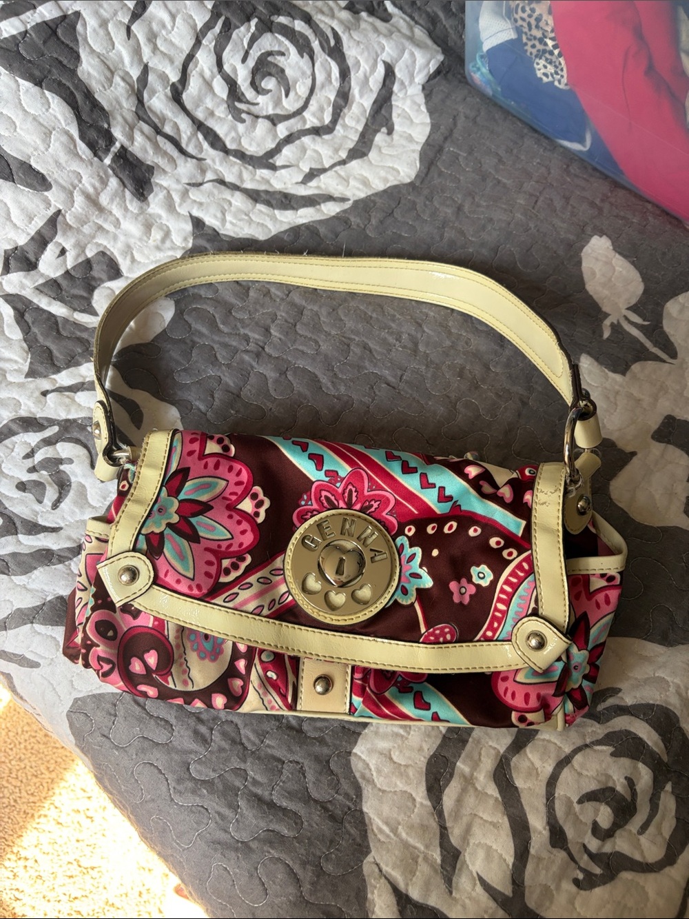 Floral Paisley Shoulder Bag with Cream Trim - Pink & Turquoise Accents